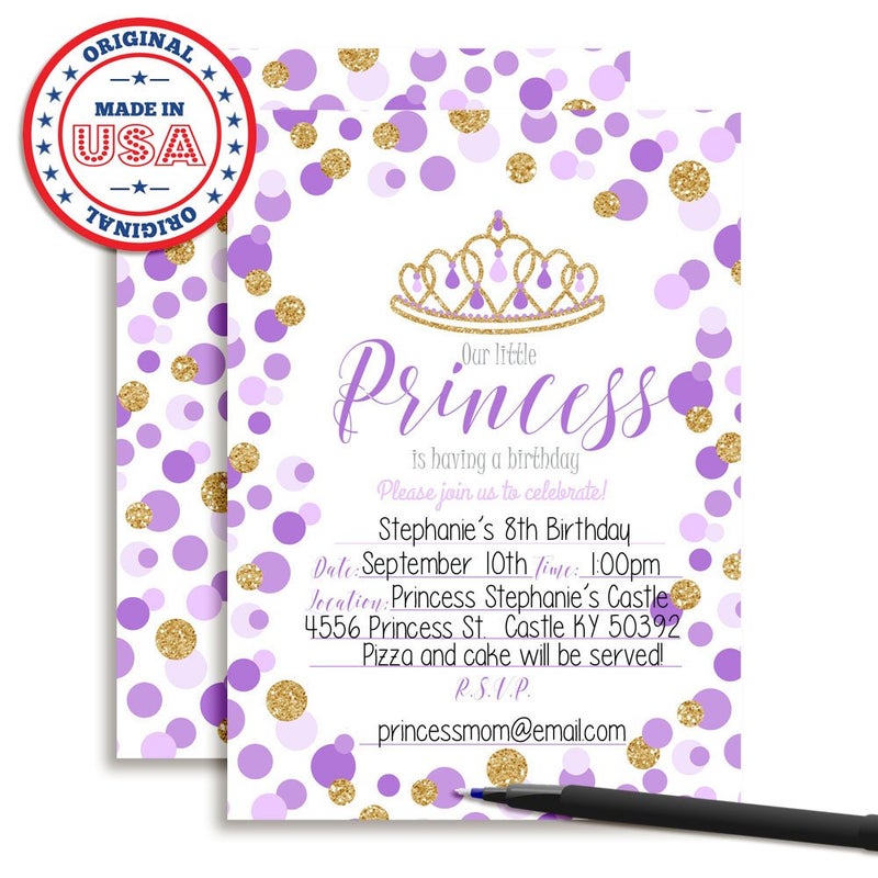 Amanda Creation Purple and Gold Glitter Polka Dot Princess Birthday Party Invitations for Girls, 20 5x7 Fill In Cards with Twenty White Envelopes by AmandaCreation - Image 3